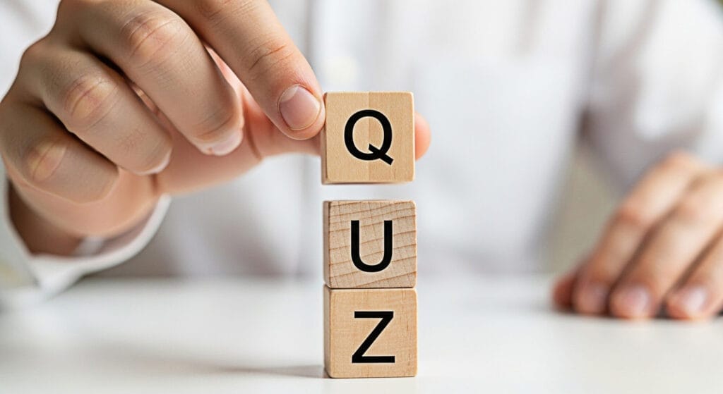 Close-up of hands arranging wooden blocks to form the word 'QUIZ,' representing cognitive skill development through problem-solving and mental exercises.